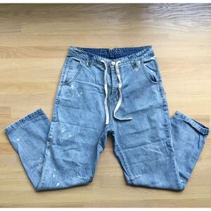Bleach Splatter Barrel Jeans Medium Drawstring Light Wash Baggy Denim Boho